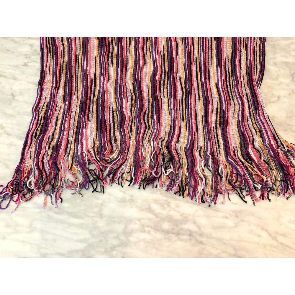 Missoni Brown Label Foulard Space Dye Stripe Fringe Scarf Purple Pink Italy 68